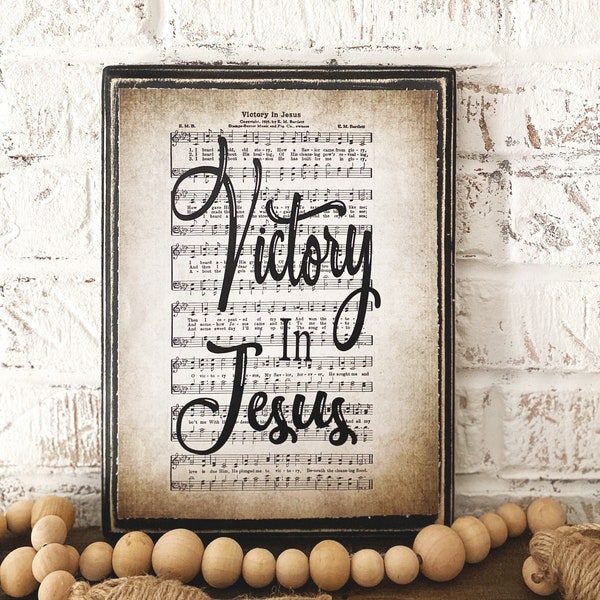 Antiqued Hymn Sign, Victory in Jesus Mantle Sign for Home, Music Sheet Decor, Rustic Farmhouse Table Top Decor, Wooden Inspirational Sign
