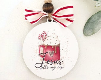 Christian Sublimated Ornament, Ref Coffee Lover Farmhouse Style Ornament, Rustic Red Christmas Ornament, Christmas Gift for Friend