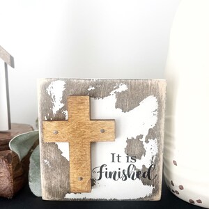 Easter Christian Tier Tray Sign, Farmhouse Distressed It is Finished Sign, Christian Housewarming Gift for home, Small Wooden Cross Sign