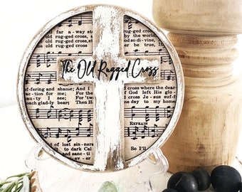 Easter Christian Old Rugged Cross Sign, Farmhouse Distressed Easter Sign, Wooden Christian Sign for home, Easter Cross Tier Tray Sign