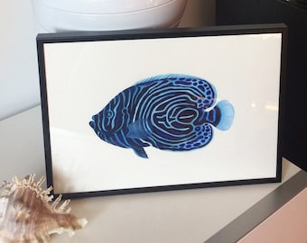 Aquarelle originale Poisson bleu pour décoration murale