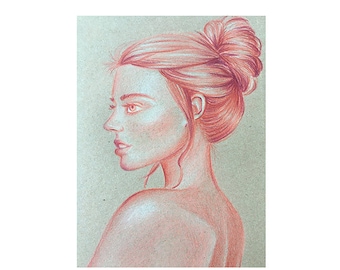 Original drawing Woman in profile with colored pencils for wall decoration