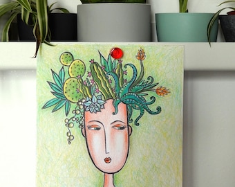 Woman and Plants Portrait Original Drawing or Print