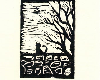 Linoprint "Cat on the Wall"