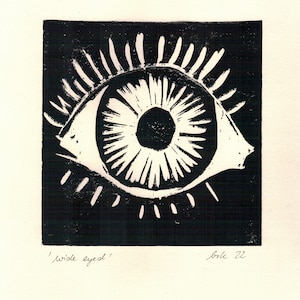original lino print &quot;wide eyed&quot;