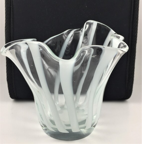 Vintage Ruffled Glass Vase Clear With White Stripes Art Glass Etsy