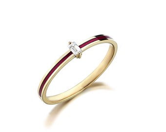 Diamond Enamel Ring | 14K Yellow Gold Burgundy Enamel Ring | Dainty Enamel Ring | Stacking Enamel Ring | Enamel Baguette Diamond Ring