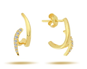Graduated Diamond Earrings | 14K Yellow Gold Earrings | Pave Diamond Earrings | Curved Earrings | Half Hoop Earrings | Graduation Gift