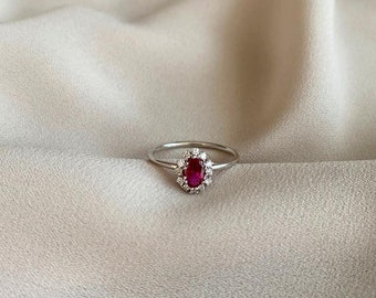 Diamond Ruby Ring | Red Ruby Ring | Ruby Halo Ring in 14K Gold | Colored Precious Gemstone Ring | July Birthstone Ring | Natural Ruby Ring