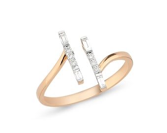 14K Gold Open Diamond Ring | Baguette & Round Cut
