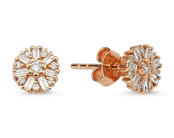 Diamond Circle Studs | Diamond Cluster Earrings | Bridal Jewelry in 14K Gold | Mixed Diamond Studs | Baguette and Round Cut Diamond Studs