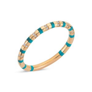 Diamond Enamel Ring, 14K Yellow Gold Turquoise Enamel Ring, Dainty Black Enamel Ring, Stacking Red Enamel Ring, Unique Design Colorful Ring