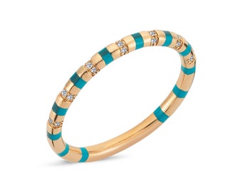 Diamond Enamel Ring, 14K Yellow Gold Turquoise Enamel Ring, Dainty Black Enamel Ring, Stacking Red Enamel Ring, Unique Design Colorful Ring