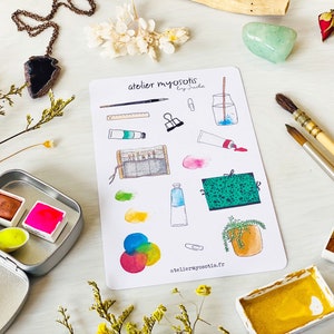 Planche stickers autocollants aquarelle peinture atelier d'artiste pour décorer ton bullet journal