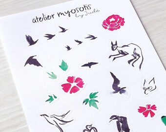 Foglio di adesivi autoadesivi fiori primaverili uccelli gatto basato su illustrazione in inchiostro e acquerello decorazione di cancelleria Sumie