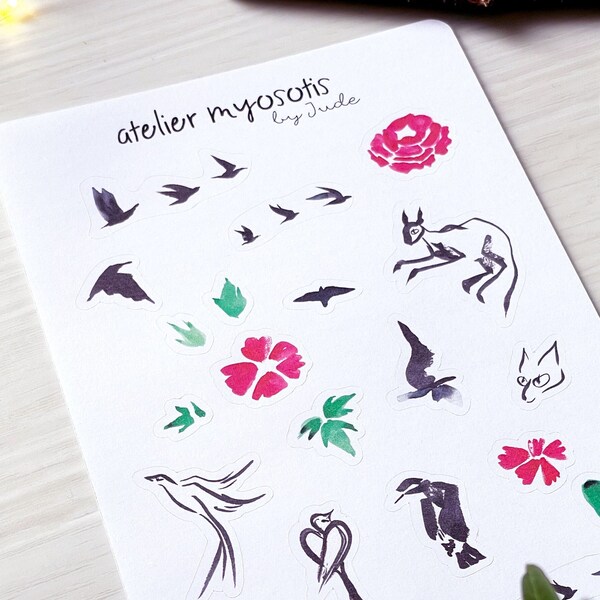 Planche de stickers autocollants printemps fleurs oiseaux chat d'après illustration à l'encre et aquarelle Sumie décoration papeterie