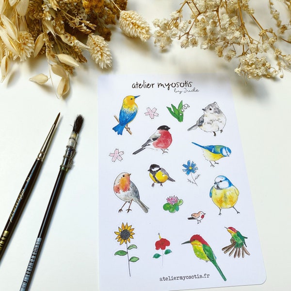 Planche de stickers autocollants oiseaux printemps jardin d'après illustration à l'aquarelle pour décorer vos carnets