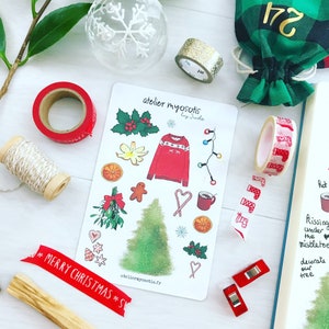 Planche stickers autocollants douces joyeuses fêtes de noël pour décorer vos carnets guirlande sapin gâteaux