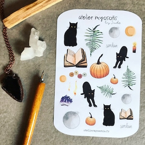 Planche stickers Samhain autocollants chat noir bougie lune halloween magie journaling décoration carnets