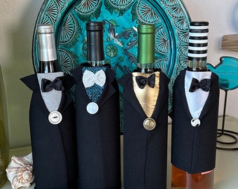 Tux bottle cover for him, man gift, gift for groom, wedding wine decor, bachelor party, usher, husband liquor wrap, brother retirement