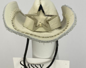Cowboy Hat in White - Doll Collector Leather Hat - MINI Cowgirl Hat - Rodeo Accessory - Toy Clothing for 11.5" 1/6th Scale Fashion Doll