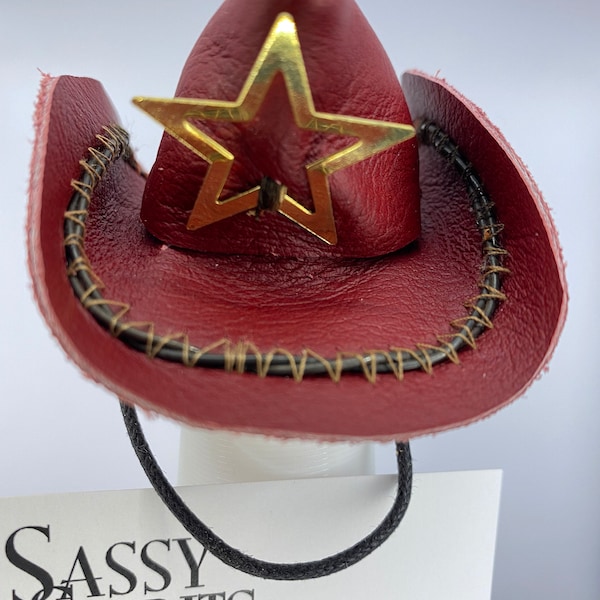 Cowboy Hat in Red - Doll Collector Leather Hat - MINI Cowgirl Hat - Toy Clothing for 11.5" 1/6th Scale Fashion Doll - Rodeo Bottle Top