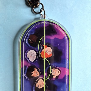 May include: A clear acrylic keychain with a silver clasp. The keychain features a design of cartoon faces against a purple and pink galaxy background, outlined in green. A yellow line bisects the design.