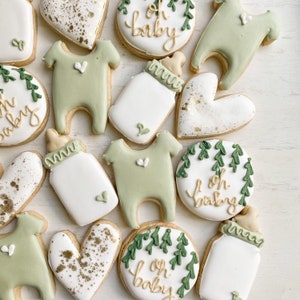 greenery baby shower sugar cookies mini cookies decorated cookies simple baby shower gender neutral shower - CUSTOMIZE YOUR COLORS.