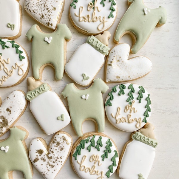 greenery baby shower sugar cookies mini cookies decorated cookies simple baby shower gender neutral shower - CUSTOMIZE YOUR COLORS.