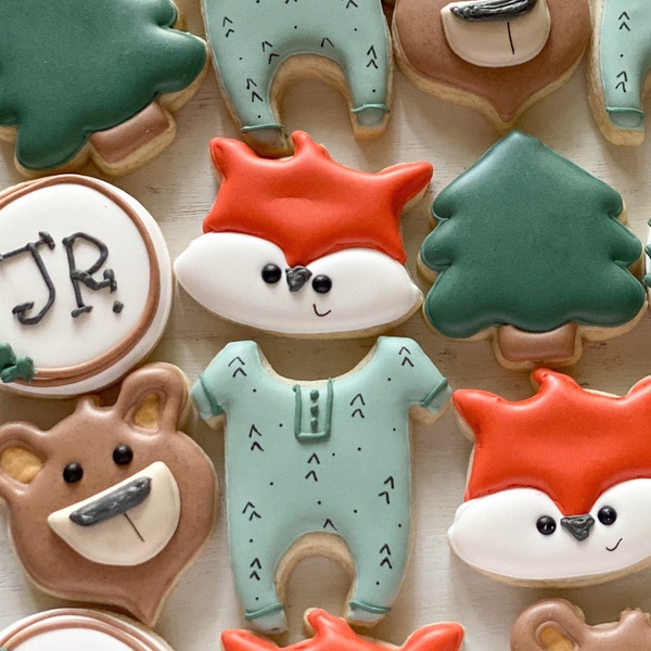 woodland baby shower sugar cookies woodland animals oh boy mini cookies custom cookies woodland first birthday