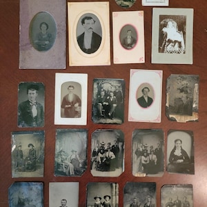 May include: A collection of nineteen vintage black and white photographs featuring portraits of individuals and groups in formal attire. The images vary in size and shape, including oval and rectangular formats, some mounted on cardstock with decorative borders.