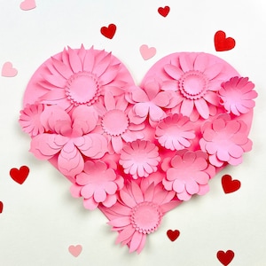SVG bloemen hart, wenskaart, digitale sjabloon, Cricut-bestand, lenteknutsels, Valentijnsdag, papieren bloem ambacht, decoratie kinderkamer