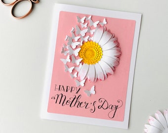SVG DIY Card, Daisy and Butterflies, Paper Flowers, Digital Template, Paper Crafts, Daisy Decor, Greeting Card, Handmade Card, Mother's Day
