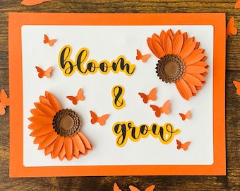 SVG-sjabloon, DIY-kaart, zonnebloem en vlinders, papieren bloemen, paasambacht, zonnebloemdecor, wenskaart, verjaardagskaart, handgemaakt cadeau