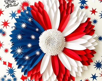 Modello digitale SVG, girasole di carta, decorazioni primaverili, sfondo di fiori di carta, rosso bianco e blu, artigianato con la carta, design patriottico, 4 luglio