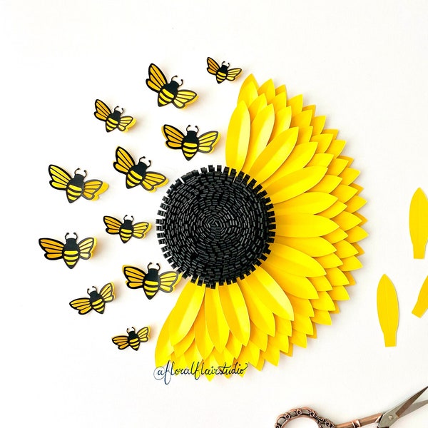 SVG Digital File, Paper Bees Sunflower Template, Spring Decor, Nursery Decor, Graduation Day, Paper Craft, Birthday Gift, 3D Paper Art