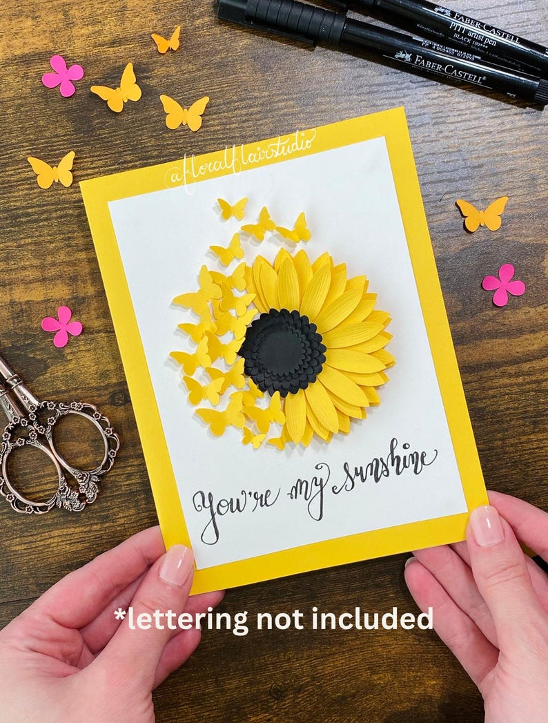 Biglietto d'auguri 3D con girasole e farfalla in formato SVG: modello per lavori di carta fai da te (download digitale) immagine 2