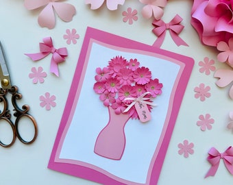 Modelo digital SVG, cartão comemorativo faça você mesmo, buquê de flores de papel, artesanato simples, artesanato com flores de papel, artesanato de primavera, dia das mães, cartão de aniversário