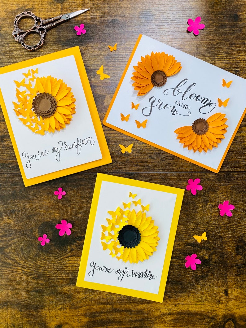 Cartão SVG com Girassol e Borboletas | Modelo de Cartão de Papel em Camadas 3D para Cricut | Download Digital de Cartão Floral para Felicitações imagem 3