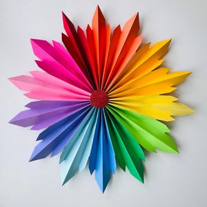 Puede incluir: Una vibrante flor de papel hecha a mano en colores del arcoíris. Los pétalos plegados están dispuestos en un patrón circular, con un centro rojo brillante. Esta obra de arte decorativa es perfecta para añadir un toque de color a cualquier espacio.