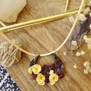 Dark Poppies Gold Peonies Dark Moon Polymer Clay Pendant