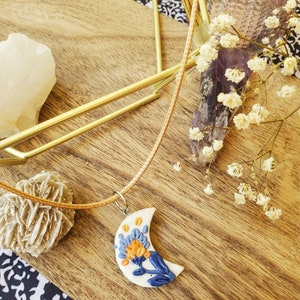 White Floral Polymer Clay Moon Pendant