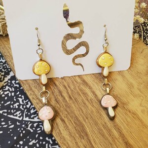 Long Hanging Pink and Yellow Mushroom Polymer Clay Earrings