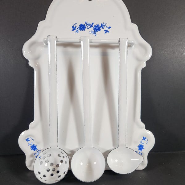 Vintage Mini Enamel Ladle Rack w/3 Spoons