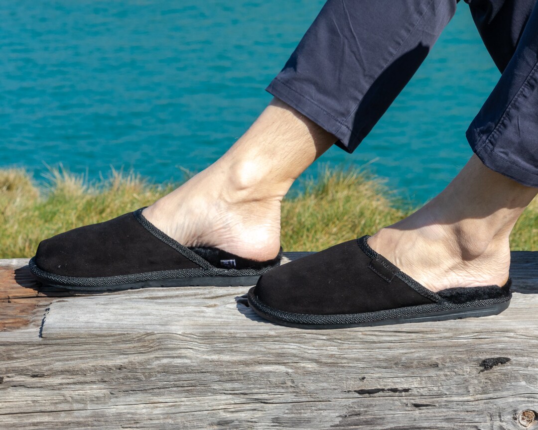 Mens Slippers Man Home Shoes Genuine Sheepskin Wool Leather Mules Hard