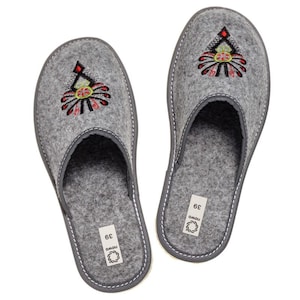 Grey Eco Felt Slippers Women Polish Embroidery House Shoes Handmade in Poland image 9