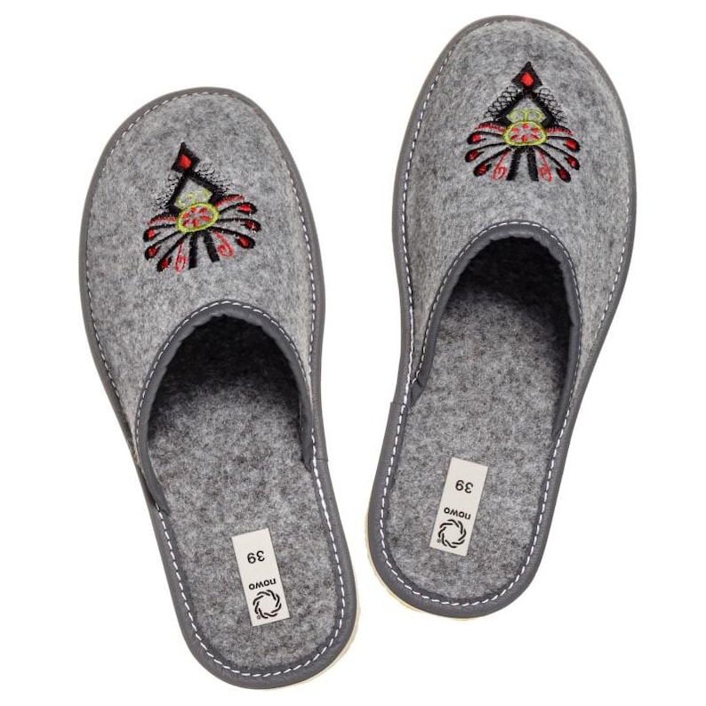 Grey Eco Felt Slippers Women Polish Embroidery House Shoes Handmade in Poland image 9