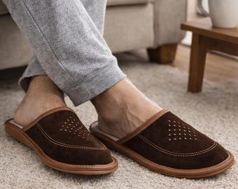 Mens Suede Leather Slippers Brown Handmade House Shoes EU Made