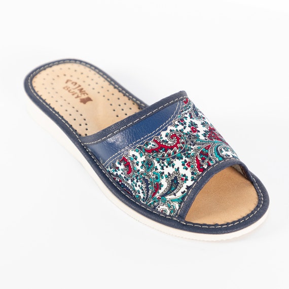 Womens Ladies Slippers Fabric Leather Home Shoes Sandals Polskie