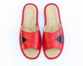 Chaussons pour femmes, cuir naturel, chaussures d'intérieur, sandales, kapcie hausschuhe rouge, toutes les tailles